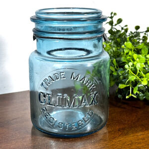Vintage Climax Blue Canning Jar Pint 5" Tall with Glass Lid #2 No Hinge